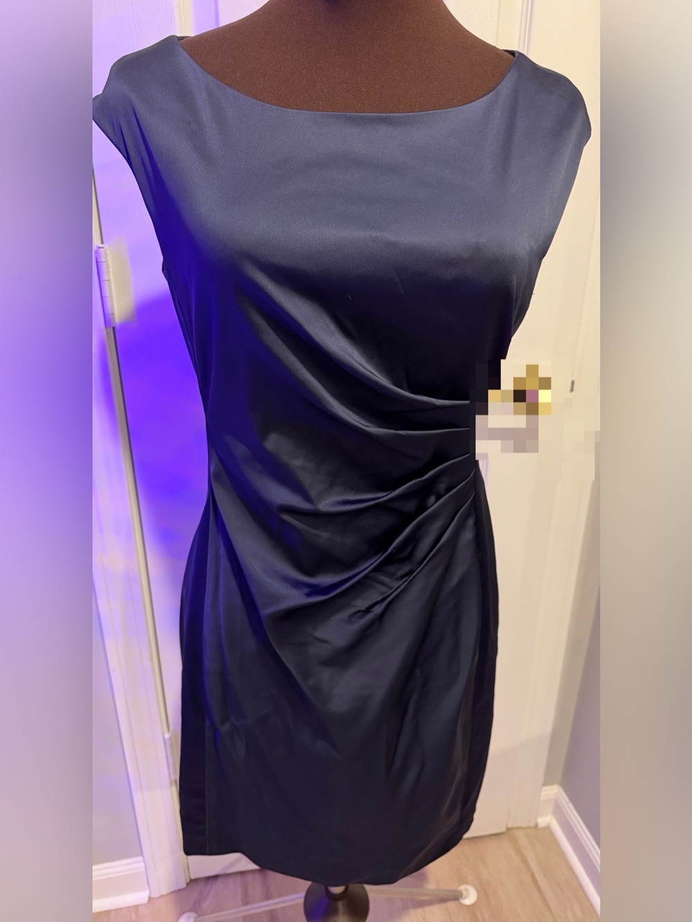 Lauren Ralph Lauren Navy Satin Ruched Midi Dress